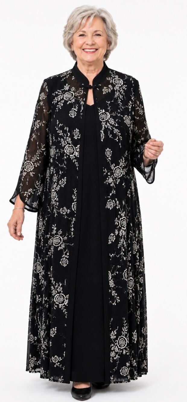 Black White Floral Beaded Sheer Long Kimono Duster Jacket Black Dress Plus 1X